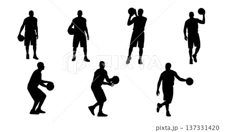 Black Solid Basketball Euro Step Silhouettes Set of Six on White Background 137331420