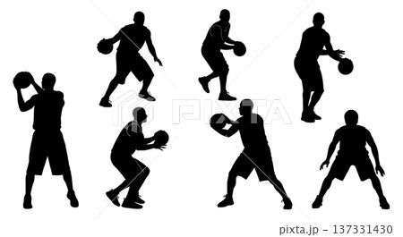 Black Solid Basketball Fake Pass Silhouettes Set of Six on White Background Black Solid Basketball Fake Pass Silhouettes Set of Six on White Background 137331430