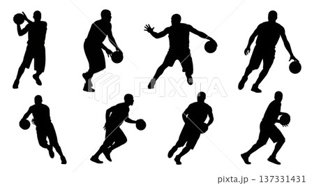 Black Solid Basketball Fast Break Silhouettes Set of Six on White Background Black Solid Basketball Fast Break Silhouettes Set of Six on White Background 137331431
