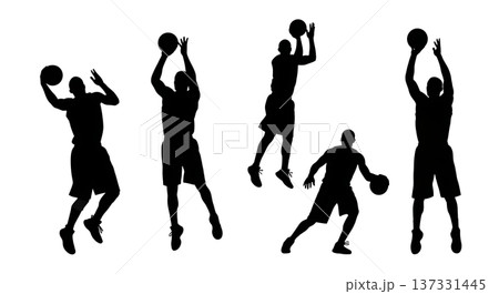 Black Solid Basketball Free Throw Silhouettes Set of Six on White Background Black Solid Basketball Free Throw Silhouettes Set of Six on White Background 137331445