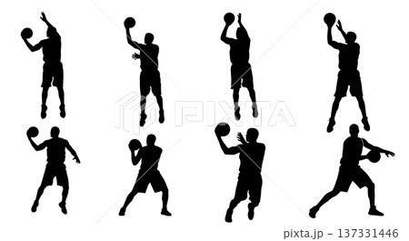 Black Solid Basketball Free Throw Silhouettes Set of Six on White Background Black Solid Basketball Free Throw Silhouettes Set of Six on White Background 137331446