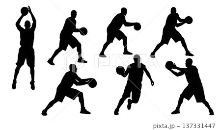 Black Solid Basketball Outlet Delivery Silhouettes Set of Six on White Background 137331447