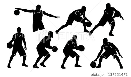 Black Solid Basketball Charging Silhouettes Set of Six on White Background Black Solid Basketball Charging Silhouettes Set of Six on White Background 137331471