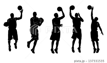 Black Solid Basketball Pro-Hop Silhouettes Set of Six on White Background 137331535