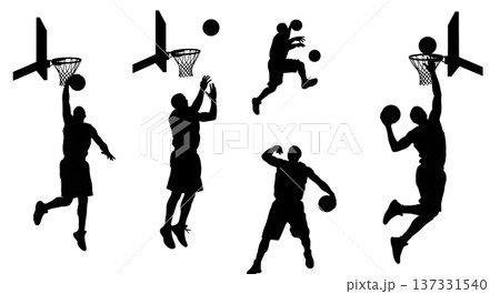 Black Solid Basketball Rebound Silhouettes Set of Six on White Background 137331540