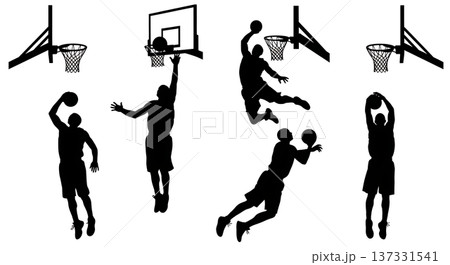 Black Solid Basketball Rebound Silhouettes Set of Six on White Background 137331541