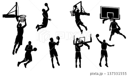 Black Solid Basketball Rim Hang Silhouettes Set of Six on White Background 137331555