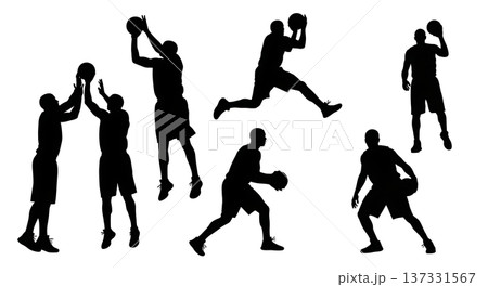 Black Solid Basketball Screen and Roll Silhouettes Set of Six on White Background 137331567