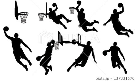Black Solid Basketball Slam Dunk Silhouettes Set of Six on White Background 137331570