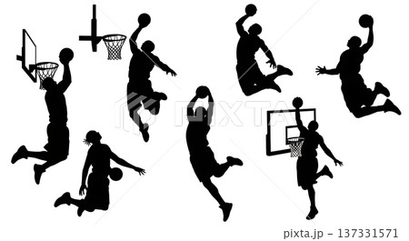 Black Solid Basketball Slam Dunk Silhouettes Set of Six on White Background 137331571