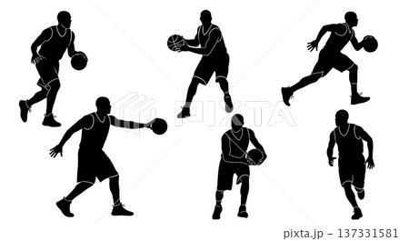 Black Solid Basketball Transition Run Silhouettes Set of Six on White Background Black Solid Basketball Transition Run Silhouettes Set of Six on White Background 137331581