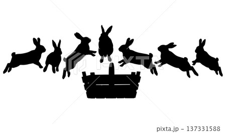 Black Solid Basket Jump Bunny Silhouettes Set of Six on White Background 137331588