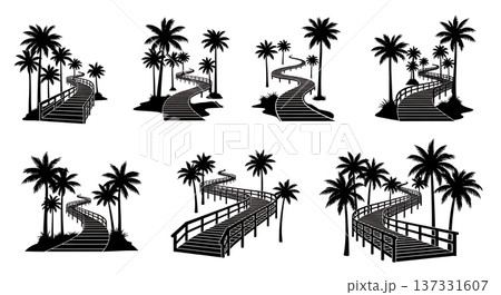 Black Solid Beach Boardwalk Palm Silhouettes Set of Six on White Background Black Solid Beach Boardwalk Palm Silhouettes Set of Six on White Background 137331607