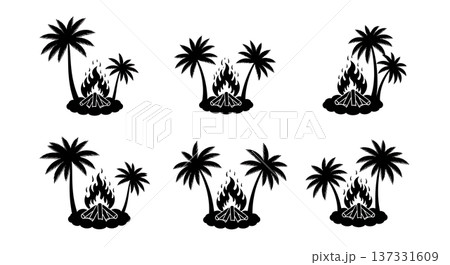 Black Solid Beach Bonfire Palm Silhouettes Set of Six on White Background Black Solid Beach Bonfire Palm Silhouettes Set of Six on White Background 137331609