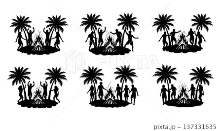Black Solid Beach Fire Dance Palm Silhouettes Set of Six on White Background Black Solid Beach Fire Dance Palm Silhouettes Set of Six on White Background 137331635
