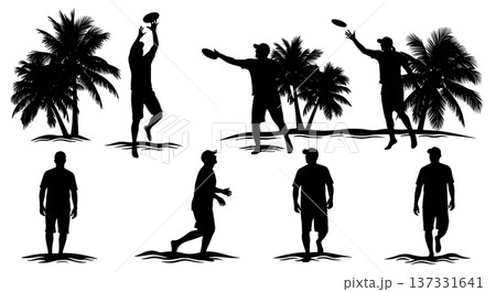 Black Solid Beach Frisbee Palm Silhouettes Set of Six on White Background Black Solid Beach Frisbee Palm Silhouettes Set of Six on White Background 137331641