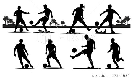 Black Solid Beach Soccer Palm Silhouettes Set of Six on White Background 137331684