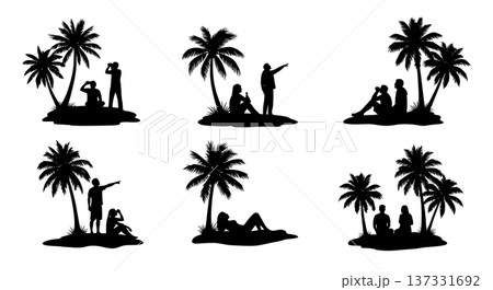 Black Solid Beach Stargazing Palm Silhouettes Set of Six on White Background 137331692