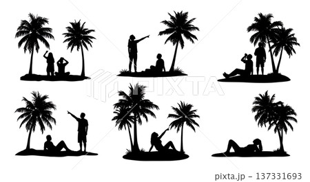 Black Solid Beach Stargazing Palm Silhouettes Set of Six on White Background 137331693