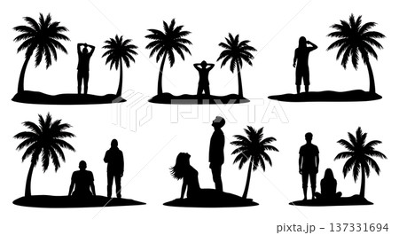 Black Solid Beach Stargazing Palm Silhouettes Set of Six on White Background Black Solid Beach Stargazing Palm Silhouettes Set of Six on White Background 137331694
