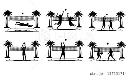 Black Solid Beach Volleyball Palm Silhouettes Set of Six on White Background Black Solid Beach Volleyball Palm Silhouettes Set of Six on White Background 137331714