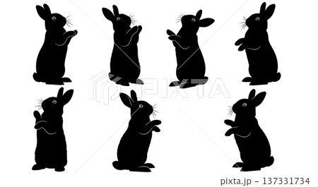 Black Solid Begging Bunny Silhouettes Set of Six on White Background 137331734