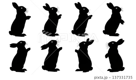Black Solid Begging Bunny Silhouettes Set of Six on White Background Black Solid Begging Bunny Silhouettes Set of Six on White Background 137331735