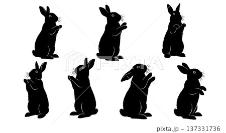 Black Solid Begging Bunny Silhouettes Set of Six on White Background 137331736