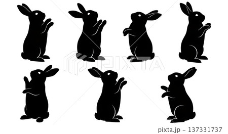 Black Solid Begging Bunny Silhouettes Set of Six on White Background 137331737
