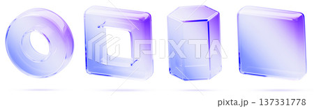 Hologram glass geometric 3D shapes set - circle ring, square frame, hexagonal prism, cube block with blue purple neon gradient. Iridescent transparent figures, crystal glossy objects. 3D illustration 137331778