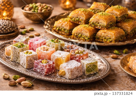 Traditional Turkish Baklava and Lokum Assorted Middle Eastern Sweets with Pistachios on Decorative Serving Tray 137331824