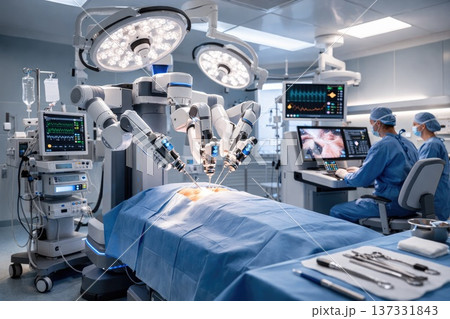 Advanced robotic surgical system performing operation in modern hospital operating room 137331843