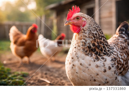 Close up portrait of domestic chicken standing in farmyard with hens in background Close up portrait of domestic chicken standing in farmyard with hens in background 137331860