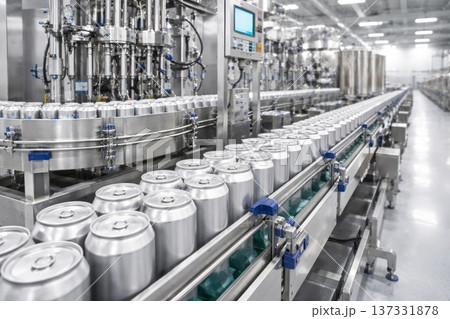 Modern beverage factory production line with aluminum cans in industrial plant Modern beverage factory production line with aluminum cans in industrial plant 137331878