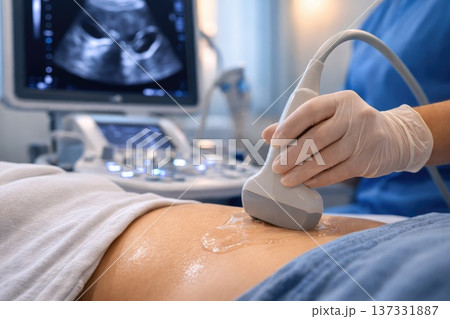 Close Up Ultrasound Scan Procedure in Modern Hospital with Professional Medical Equipment 137331887