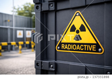 Radioactive Warning Sign on Secure Industrial Nuclear Storage Container at Restricted Facility Area 137331898