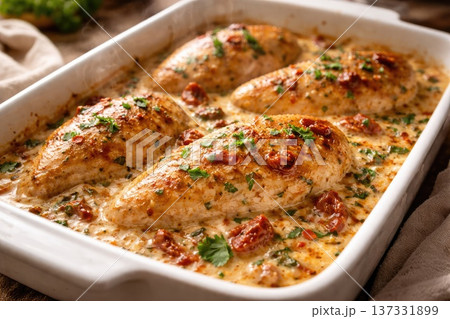 Baked Chicken Breast with Creamy Sauce Herbs and Sun Dried Tomatoes in White Casserole Dish Baked Chicken Breast with Creamy Sauce Herbs and Sun Dried Tomatoes in White Casserole Dish 137331899