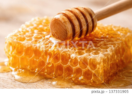 Golden Honey Dripping from Wooden Dipper over Fresh Honeycomb Macro Close Up 137331905