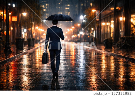 Businessman walking in rainy city street at night with umbrella and briefcase 137331982