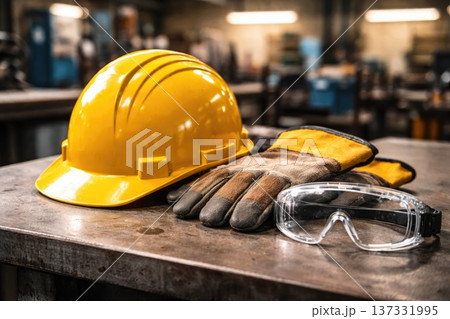 Construction safety equipment with hard hat gloves and protective goggles on industrial workbench 137331995