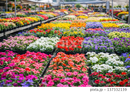 Large selection of blooming colorful flowers in garden center greenhouse nursery 137332139