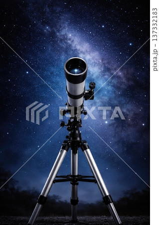 Telescope under starry Milky Way night sky for astronomy observation Telescope under starry Milky Way night sky for astronomy observation 137332183
