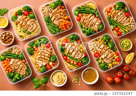 Healthy meal prep containers with chicken vegetables and grains balanced diet concept Healthy meal prep containers with chicken vegetables and grains balanced diet concept 137332247