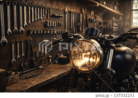 Vintage motorcycle repair workshop with tools wall and classic bike in warm lighting 137332251
