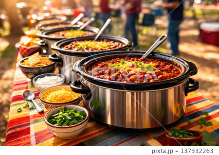 Outdoor chili cook off buffet with slow cookers full of hot chili and toppings on colorful table Outdoor chili cook off buffet with slow cookers full of hot chili and toppings on colorful table 137332263