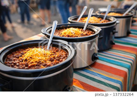 Row of crockpots filled with chili and melted cheese at outdoor festival food table Row of crockpots filled with chili and melted cheese at outdoor festival food table 137332264