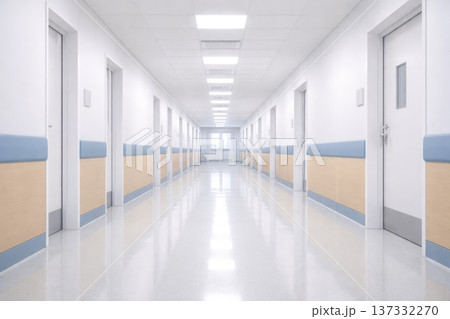 Clean empty hospital corridor with doors and bright lighting in medical facility interior 137332270