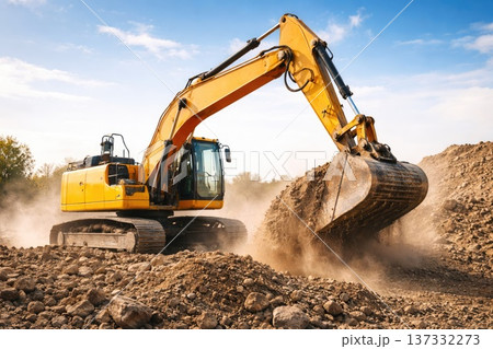 Yellow excavator digging soil at construction site with dust and blue sky Yellow excavator digging soil at construction site with dust and blue sky 137332273