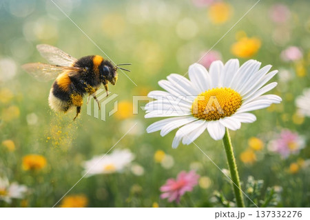 Bumblebee collecting pollen from daisy flower in colorful summer meadow macro 137332276