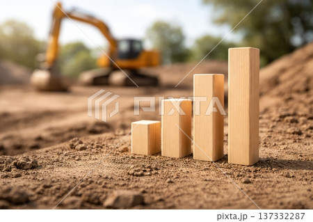 Wooden block bar graph representing business growth with excavator and building site Wooden block bar graph representing business growth with excavator and building site 137332287